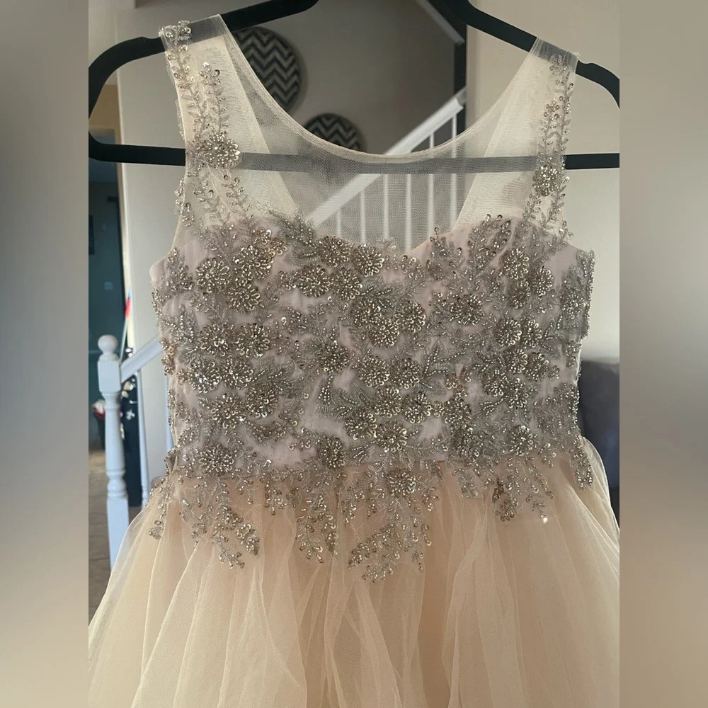 Girls' Special Occasion Tulle Tiered Dress with lace appliqué.